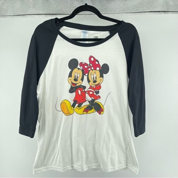 Disney Women’s Mickey & Minnie Mouse Black White Raglan Baseball Graphic Tee L - Picture 3 of 10